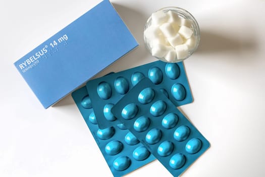Rybelsus - pills for diabetes and weight loss. Drugs blister packaging. Medical equipment for diabetes parients. Medications drugs, flat lay, overhead. Copenhagen, Denmark - August 20, 2023