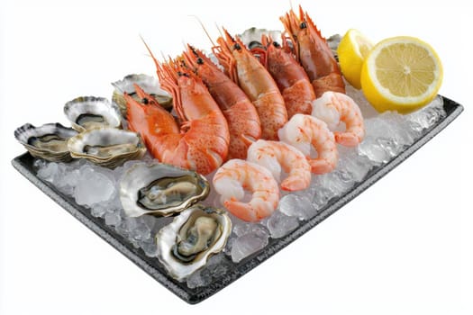 Luxurious seafood platter featuring lobster, shrimp, oysters, and clams elegantly arranged on ice. vibrant seafood accompanied by greenery and flowers enhances the refined presentation, ideal for high-end dining or culinary promotions.
