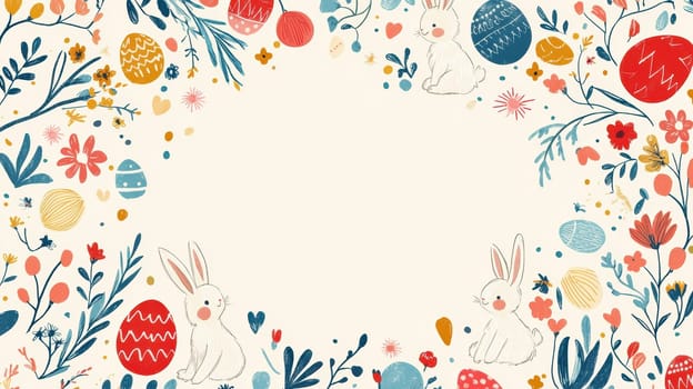 Hand-drawn easter card template featuring whimsical bunnies, vibrant eggs, and a floral border. ideal for personalized messages, this design combines playful elements and a central blank space for creativity, perfect for holiday greetings.