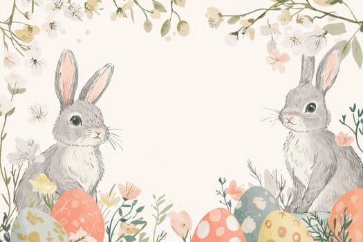 Hand-drawn easter card template featuring playful bunnies and colorful eggs framed by floral accents. soft pastel colors create a whimsical feel, perfect for festive greetings. includes blank space for personalized text or messages.