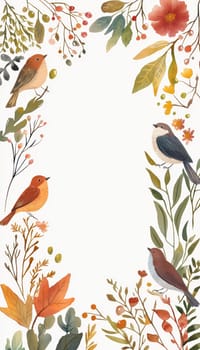 Nature-inspired easter card template featuring illustrated birds, leaves, and wildflowers arranged around a blank space for text. ideal for a fresh, natural spring-themed design, perfect for print, greeting cards, or posters.