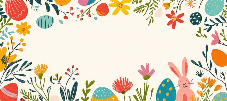 Whimsical easter card design featuring hand-drawn colorful eggs, bunnies, and vibrant spring flowers framing a large blank area perfect for adding personalized text. ideal for festive celebrations, print designs, and invitations.