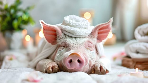Spa delight whimsical tribute to National Pig Day in United States, highlighting a charming pig indulging in pampering on March 1st, reflecting the playful and affectionate spirit of the occasion