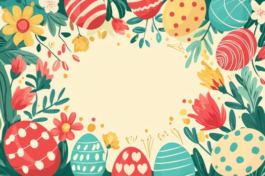 Bright and cheerful easter card template featuring cartoon-style eggs and floral motifs. arranged around a central blank space, this design uses vibrant colors and playful elements, perfect for festive print projects or digital greetings.