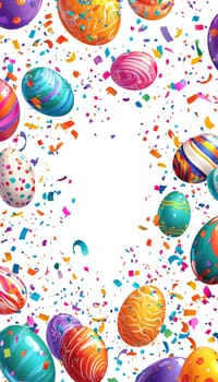 Vibrant easter greeting card design featuring an explosion of colorful confetti, festive balloons, and playful cartoon eggs. a central blank area provides space for personalized messages, perfect for print, cards, or posters.