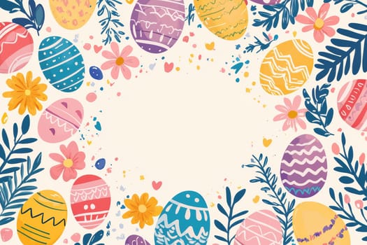Delightful easter card template featuring vibrantly decorated eggs and a vivid floral border, framing a blank center space ideal for personal messages. this lively design is perfect for holiday greetings, posters, and festive invitations.