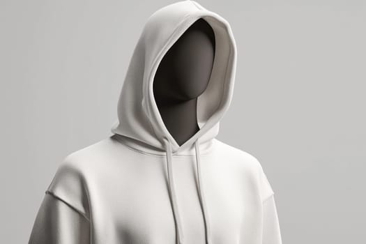 High-quality minimalist hoodie mockup displayed on a mannequin, featuring soft grey tones. emphasizes the fabric weave and stitching details, ideal for showcasing high-end modern fashion design in promotional materials and editorial use.