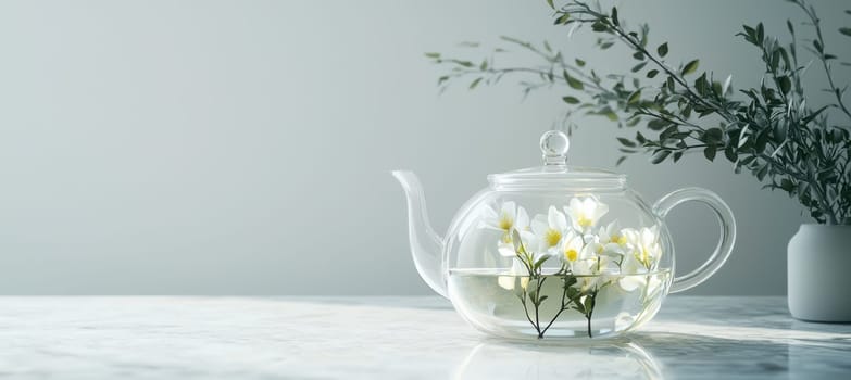 Clear glass teapot showcasing blooming tea flowers steeping on a white marble surface, embodying elegance and natural beauty. the minimalist design is accentuated by soft lighting and a simple vase with delicate flowers.