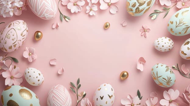 Elegant easter card template featuring a blush pink background adorned with delicate gold foil details. includes a blank center space for personalized text, surrounded by floral patterns and decorative eggs, offering a luxurious design aesthetic.