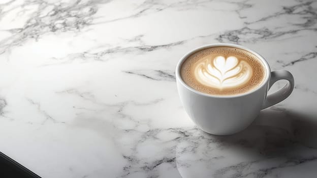 A minimalist display of an elegant cappuccino in a white ceramic cup featuring intricate latte art. positioned on a sleek marble countertop, perfect for promoting upscale cafes or premium coffee experiences in design projects.
