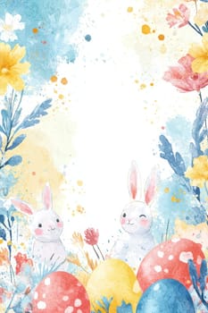 Easter greeting card template featuring watercolor bunnies, eggs, and flowers against a pastel blue, pink, and yellow background. includes a central blank space for personalized text, perfect for holiday celebrations and creative designs.