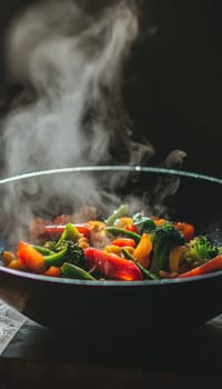Fresh, colorful vegetable stir fry in a traditional wok with vibrant bell peppers, broccoli, and snap peas. steam rises, adding warmth to the composition, the essence of healthy, homemade asian cuisine.
