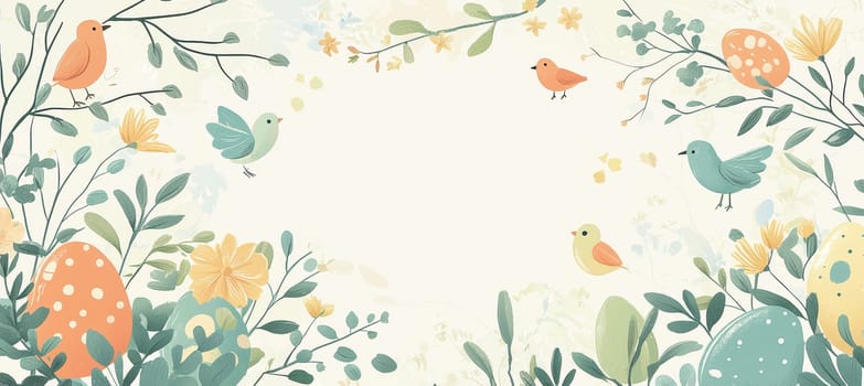 Soft greens and blues set the scene for an easter card template featuring delicate floral designs, birds, and eggs. a central blank space provides room for personalized text, encapsulating a serene and peaceful natural ambiance.