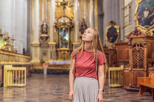 Woman tourist exploring the grandeur of Catedral de Puebla, Mexico. Captivating architecture, cultural heritage, and a historic travel experience in one of Mexico's iconic landmarks.