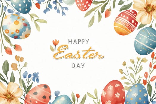 Watercolor easter card template featuring vibrant flowers and decorated eggs framing a blank text area. soft, painterly strokes create a cozy, artistic ambiance with gentle, warm colors, ideal for festive designs and holiday greetings.