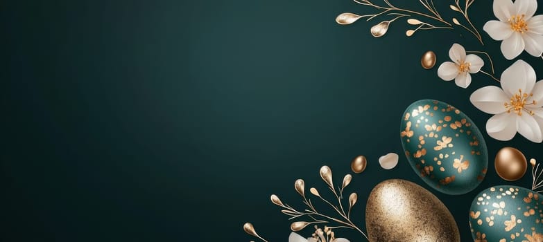 Luxurious easter card template featuring intricate gold floral designs and ornate eggs on a rich dark green background. the sophisticated layout includes ample blank space for personalized text, perfect for high-end card and poster designs.