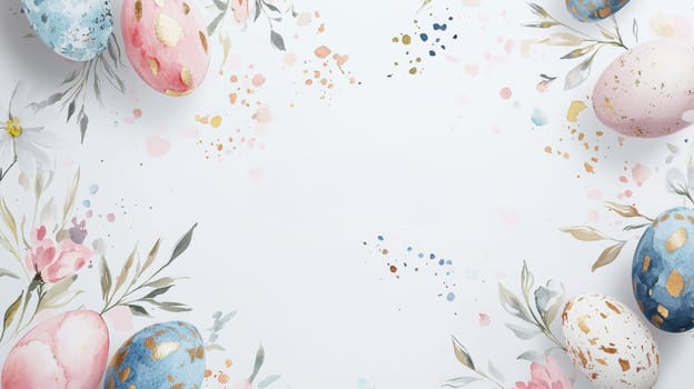 Festive easter card design featuring vibrant watercolor patterns and floral elements. pastel-colored eggs frame the blank central space, ideal for personalized greetings. perfect for print, poster, or digital use with a spring theme.