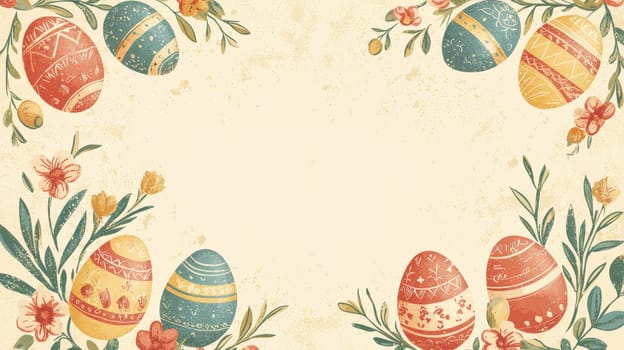 Classic easter card template featuring vintage-inspired egg illustrations with floral borders. muted, warm colors and a blank area for personalized text create a timeless and traditional feel, perfect for heartfelt holiday greetings.