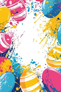 Artistic easter greeting card template displaying bold, colorful paint splashes and abstract patterns of eggs. the lively, creative design features a central blank space with vivid hues, perfect for a cheerful holiday message background.