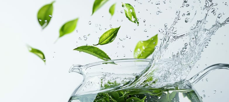 Vibrant green tea leaves dynamically splash into a clear glass teapot filled with water. the minimalist background enhances the fresh and lively aura, making it perfect for beverage promotions, advertising, and modern design aesthetics.