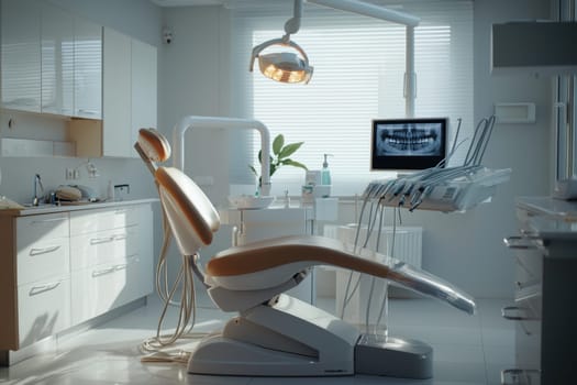 A patient with a concerned expression sits in a dental chair, anticipating gum disease treatment. a caring dentist is present, the clinic's emphasis on comfort and professionalism in a clean, modern environment.