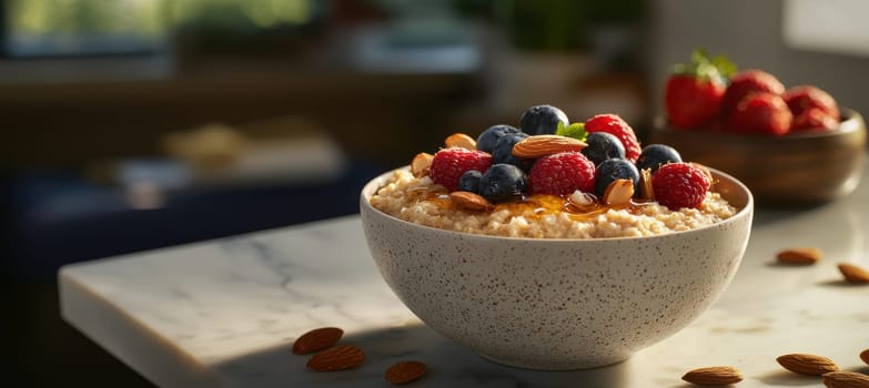 High-quality image of a breakfast table featuring a bowl of oatmeal topped with vibrant fresh berries, crunchy almonds, and a drizzle of honey. the scene is bathed in soft natural light, creating an inviting and nutritious morning atmosphere.
