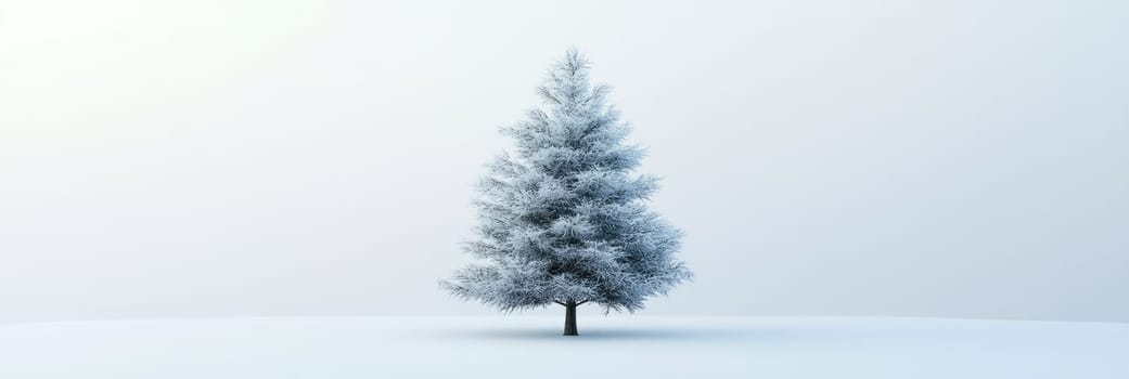 This winter scene showcases solitary snow-covered fir tree standing amidst vast, snowy landscape. Ideal for serene winter-themed banner, holiday card, seasonal advertisement, tranquil nature display