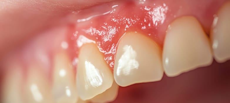 Close-up of a patients mouth showcasing healthy, pink gums and clean white teeth after successful gum treatment. the background reveals a bright and modern dental office, the improvement in oral health and hygiene.