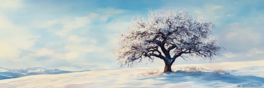 Beautiful winter landscape photo featuring lone tree amidst snow-covered field under clear sky, for seasonal greeting card, website header, social media post, capturing serene beauty