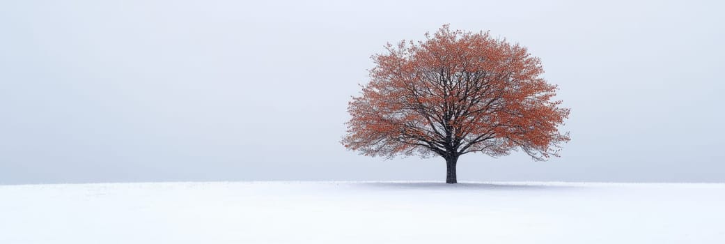 Minimalist landscape features single tree with red-orange foliage standing alone in vast, snowy field against soft, light blue sky for seasonal greeting card, home decor print, website background
