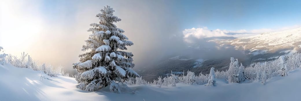 Serene winter landscape banner features single snow-covered evergreen tree standing tall amidst vast expanse of white snow under cloudy sky, for greeting card, advertising winter tourism, promotion