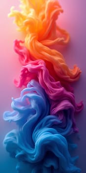 A captivating arrangement of colorful fibers flows gracefully, showcasing shades of pink, orange, and blue that blend harmoniously against a soft background - Generative AI