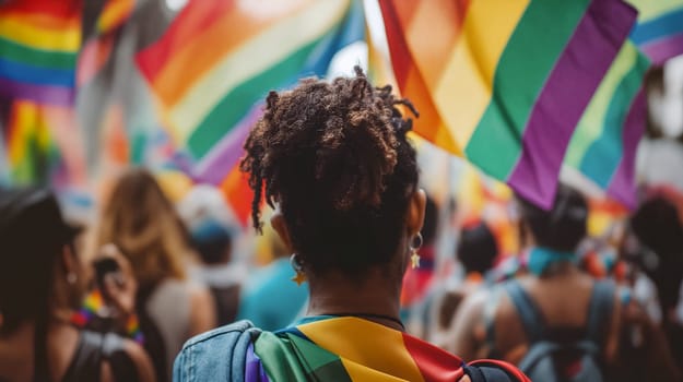 Participants embrace love and inclusivity at a pride parade, waving rainbow flags in support of LGBTQ rights and unity - Generative AI