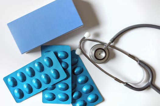 Medical concept. Drugs blister packaging. Medications drugs, flat lay, overhead.