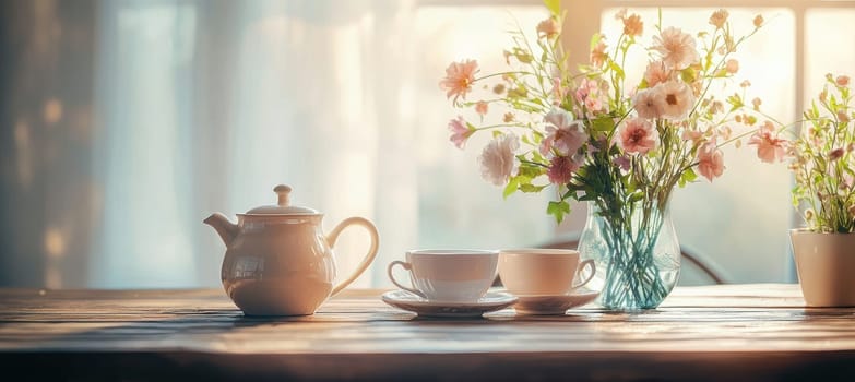 A rustic kitchen table set with a teapot, cups, and a vase filled with fresh flowers. the background features softly blurred windows, creating a warm, inviting atmosphere perfect for hospitality or relaxation themes.