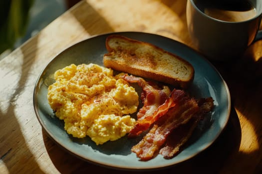 A cozy brunch setup with fluffy scrambled eggs, crispy bacon, and buttered toast on a wooden table, under soft natural sunlight. a steaming cup of coffee accompanies this delightful breakfast scene, creating a warm and inviting atmosphere.