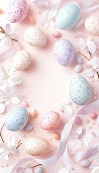 Pastel-colored easter eggs and delicate ribbons artfully arranged around a central blank area. the soft, inviting design embodies the essence of spring, making it ideal for festive greeting cards, invitations, or seasonal promotions.