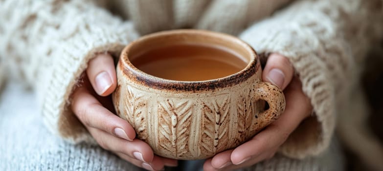 Hands warmly cradle a rustic clay cup filled with steaming tea, framed by a cozy knit sweater. this inviting scene encapsulates the essence of autumn comfort, with an open space above perfect for seasonal promotional text.