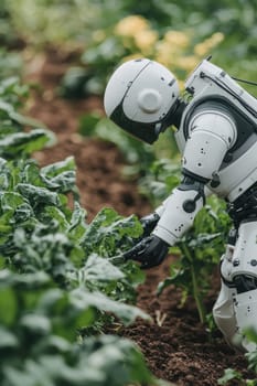 A futuristic autonomous robot inspects plants in a vegetable field, showcasing precision in agricultural technology. the robot's sleek design and advanced features highlight the intersection of automation and sustainable farming practices.