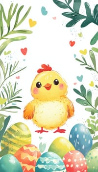 Cheerful easter card template featuring a cute baby chick surrounded by vibrant polka-dotted eggs and lush green leaves. perfect for festive design projects with ample blank space for personalized text or messages.