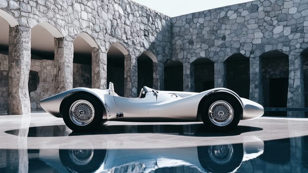 Sleek silver concept car parked next to a concrete wall, reflecting in wet pavement, exudes power and speed with modern, futuristic design