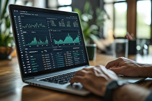 A close up of laptop screen displaying financial data and charts, showcasing market trends and analytics