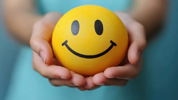 A Happy woman holding yellow smiley face ball, expressing joy and positivity