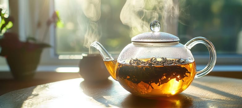Glass teapot with brewing tea leaves illuminated by sunlight streaming through a window. a plant sits nearby, adding a touch of nature. the composition offers ample space on the left for text, making it ideal for promotional materials.