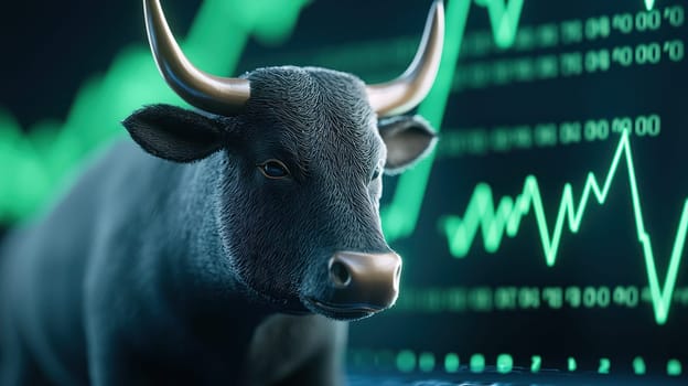 A bull character focused on financial data, symbolizing market trends and investment growth