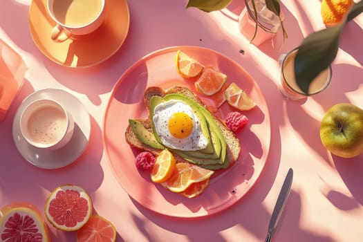 Brightly lit brunch table featuring avocado toast with poached eggs, fresh fruit, and coffee in a colorful setting. the vibrant colors and natural light create an inviting atmosphere, perfect for capturing the essence of a leisurely brunch.
