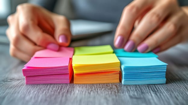 An Organizing colorful sticky notes on wooden table for effective planning