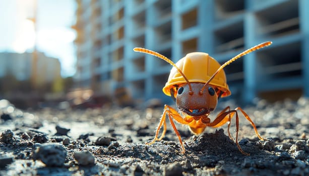 A tiny ant wearing construction helmet stands on construction site, showcasing determination and hard work