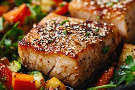 Close-up of a seared tuna steak, encrusted with sesame seeds. its accompanied by colorful sauteed vegetables, vibrant hues and fresh ingredients, appealing to gourmet dining experiences, showcasing texture and flavor.