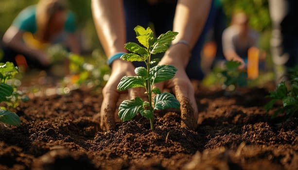 A Planting young seedling in rich soil, hands gently nurturing growth